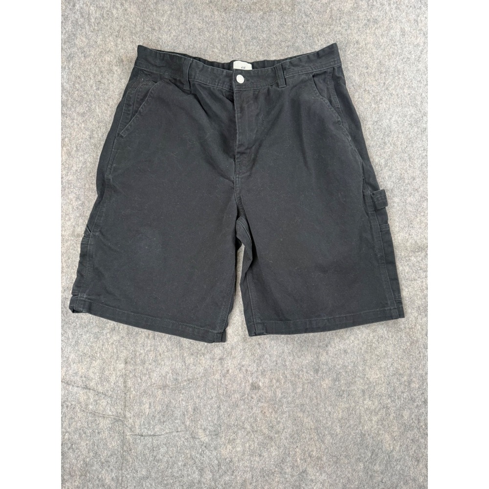 H&M Carpenter Shorts Mens 34 Black Cotton Relaxed Fit Utility Workwear Canvas 9"